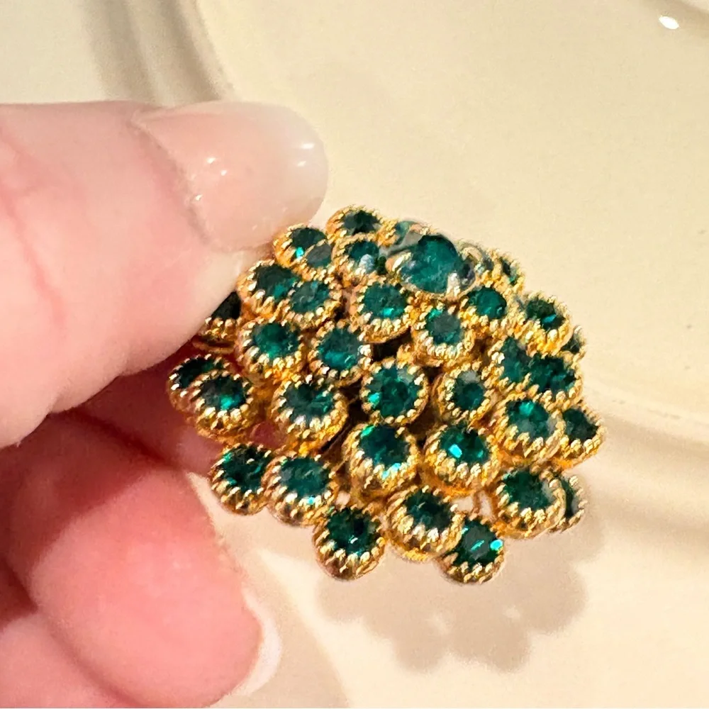 Vintage emerald-teal rhinestone cluster brooch - Picture 8 of 13